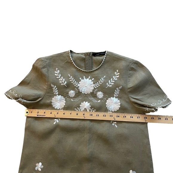 Zara 100% Linen Embroidered Dress Tan/White Women's Size S - Picture 7 of 11